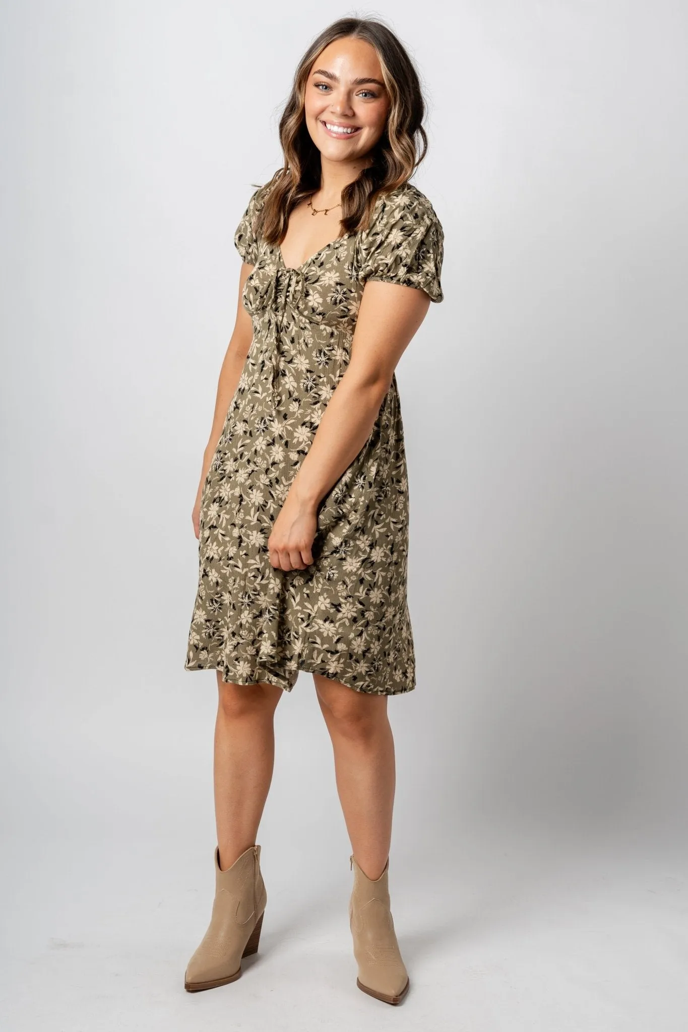 Ruched floral midi dress olive