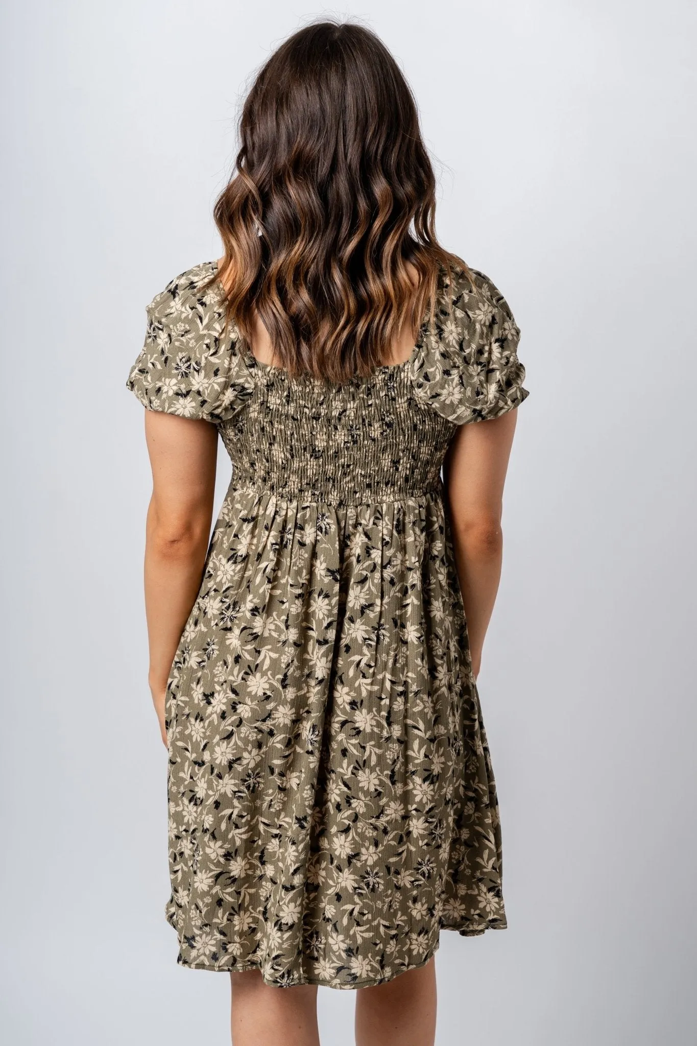 Ruched floral midi dress olive