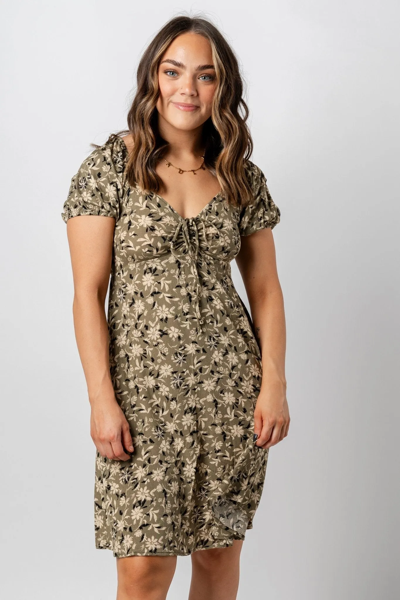 Ruched floral midi dress olive