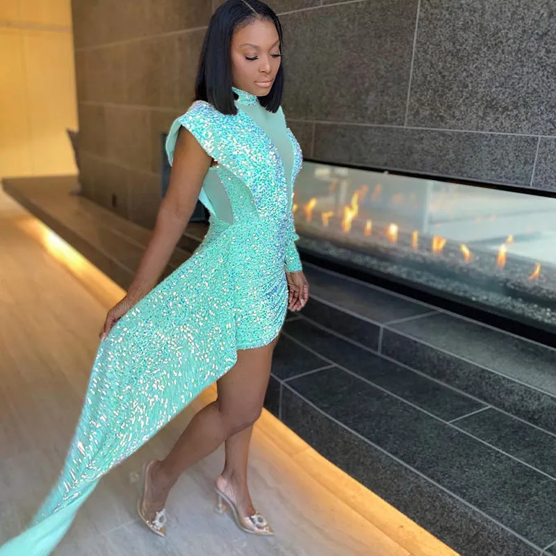 Sexy Sheer Mesh Beaded Bodycon Dress