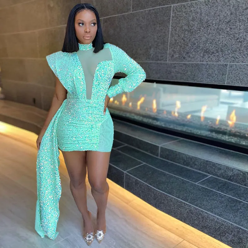 Sexy Sheer Mesh Beaded Bodycon Dress