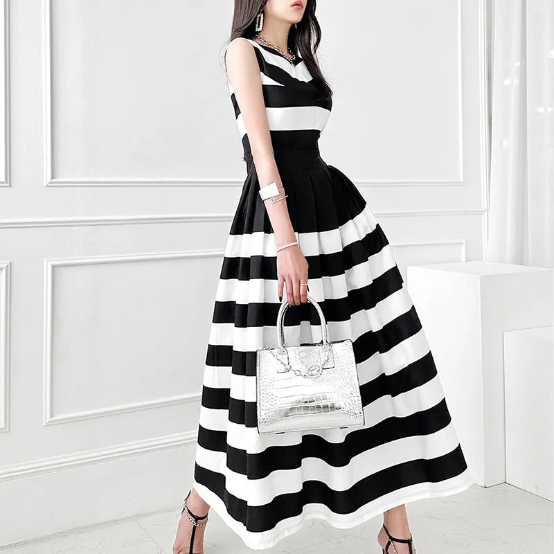 Sexy Stripe Stitching High Waist Fashion Long Beach Party Dress