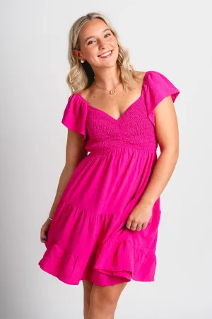 Smocked flutter sleeve dress hot pink