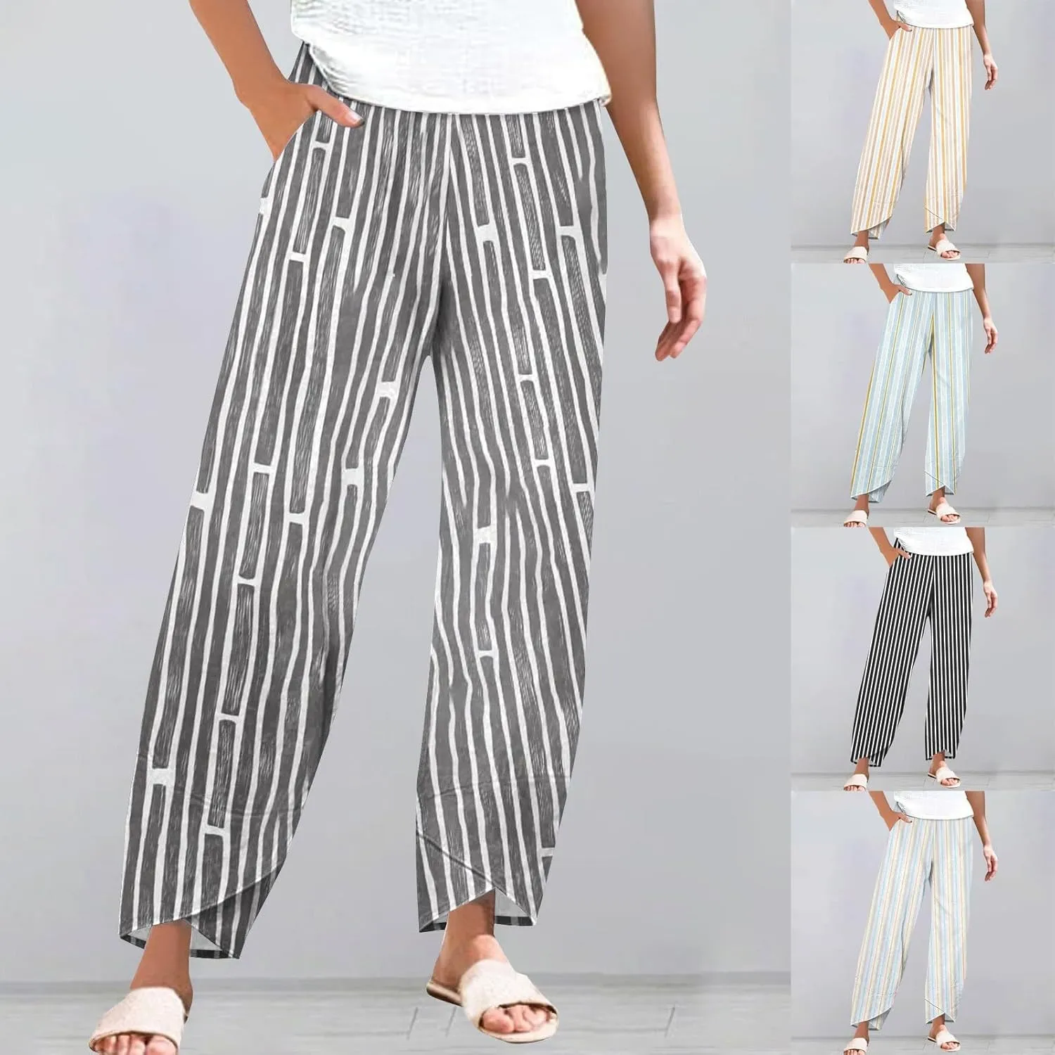 Striped Linen Pants for Women Summer Casual Wide Leg Capri Trousers with Pockets Beach Relaxed Cropped Palazzo Pant