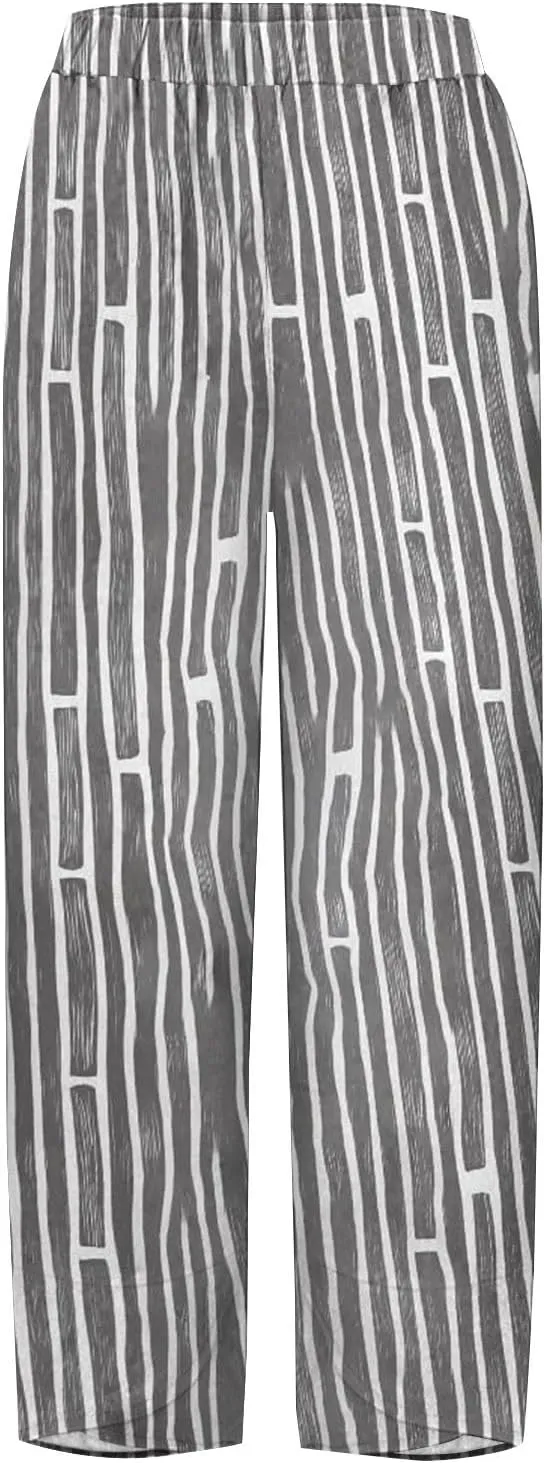Striped Linen Pants for Women Summer Casual Wide Leg Capri Trousers with Pockets Beach Relaxed Cropped Palazzo Pant