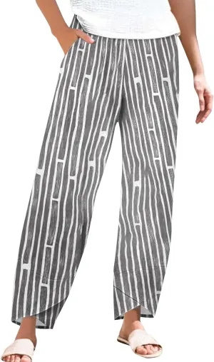 Striped Linen Pants for Women Summer Casual Wide Leg Capri Trousers with Pockets Beach Relaxed Cropped Palazzo Pant