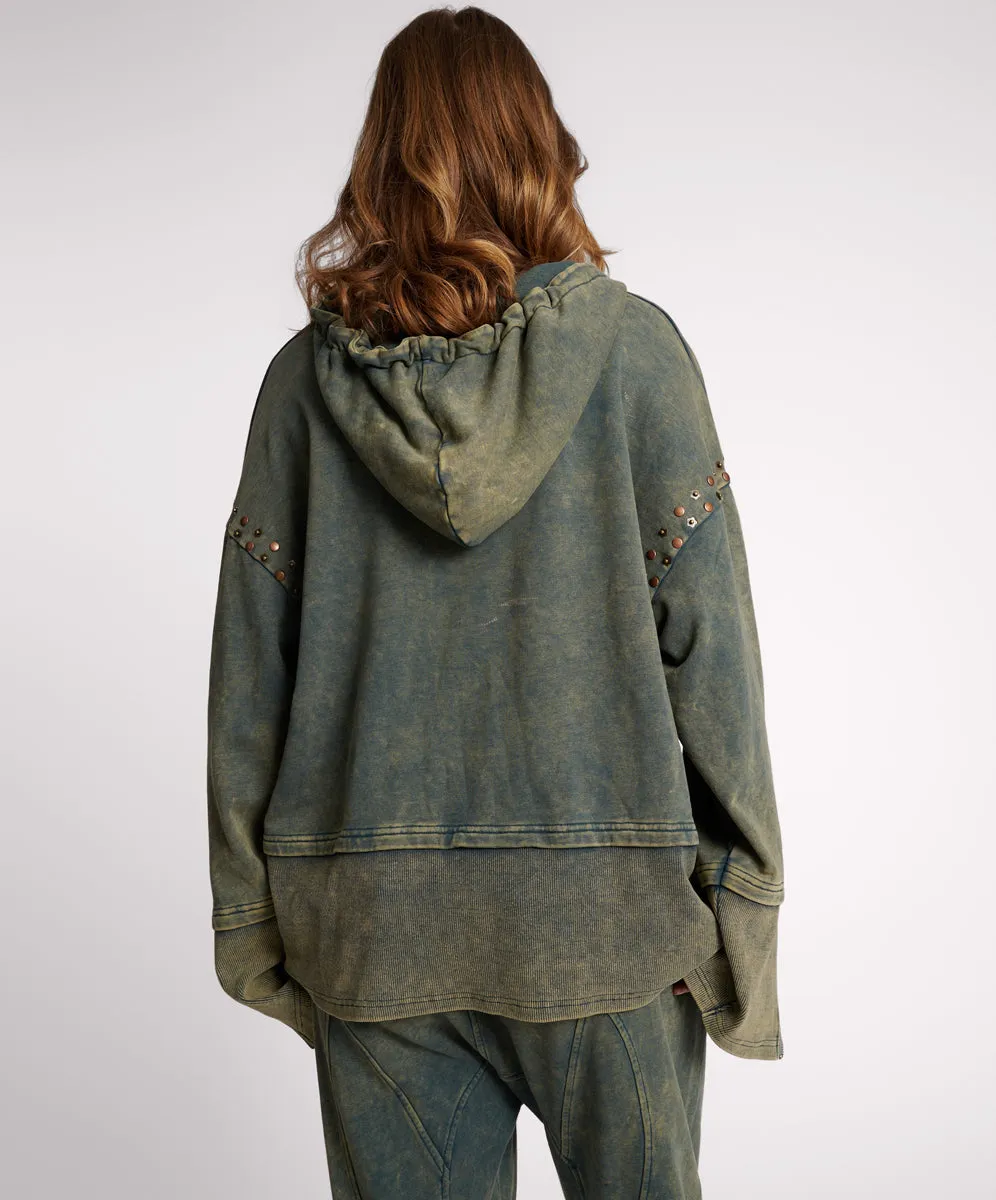 Studded Track Warm Up Sweater Hoody - Petrol Green