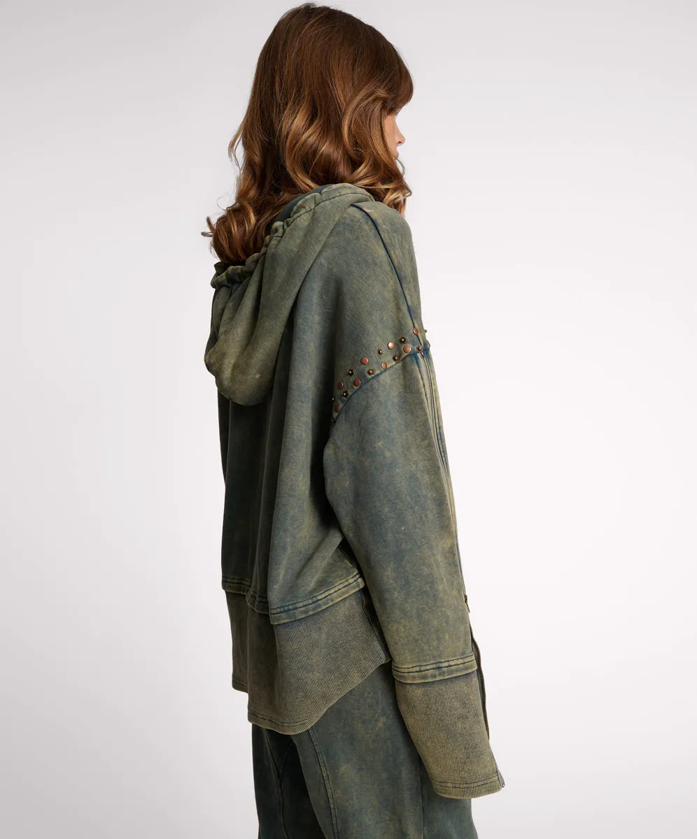 Studded Track Warm Up Sweater Hoody - Petrol Green