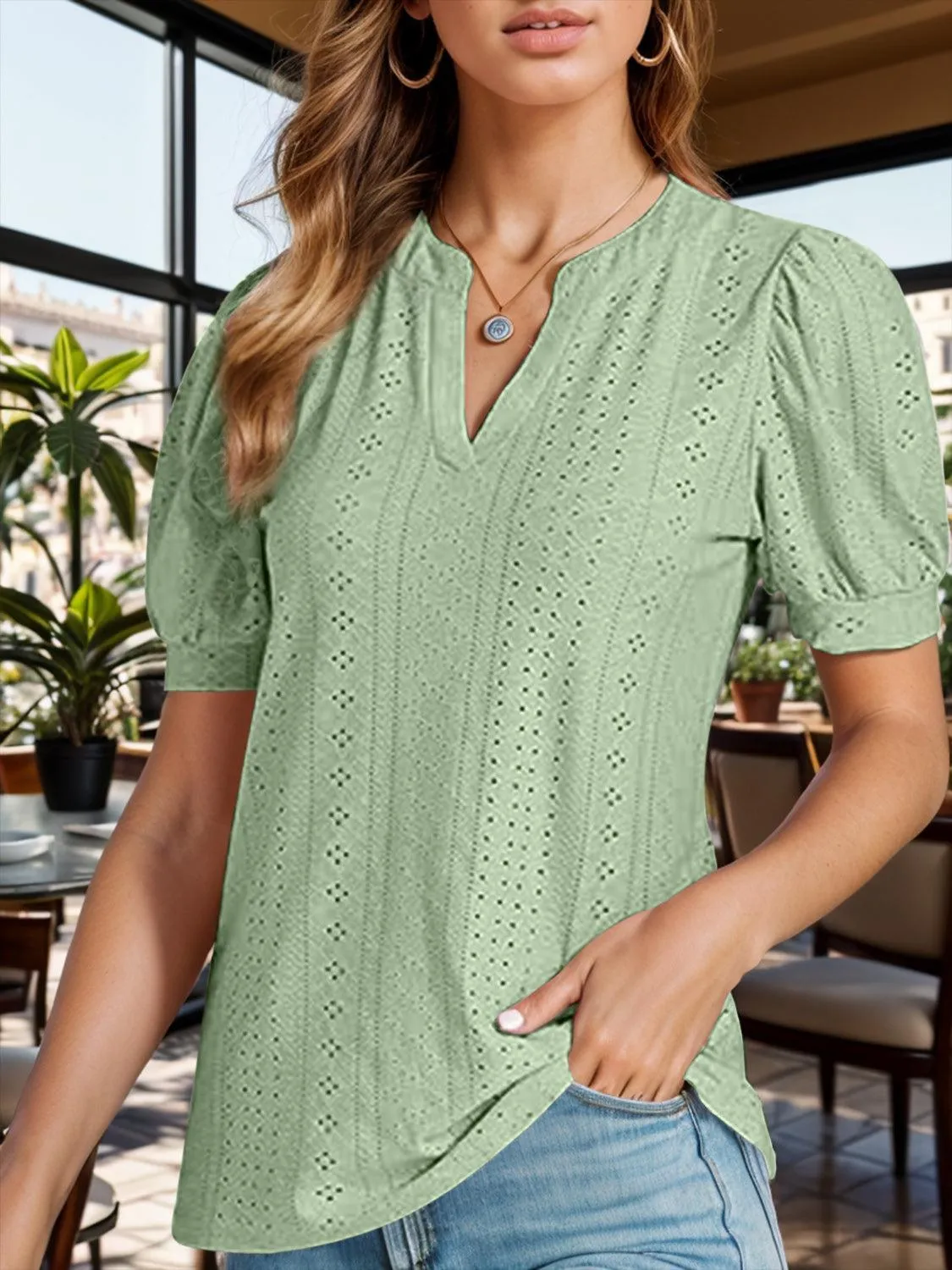 Sweet Everyday Eyelet Puff Sleeve Blouse