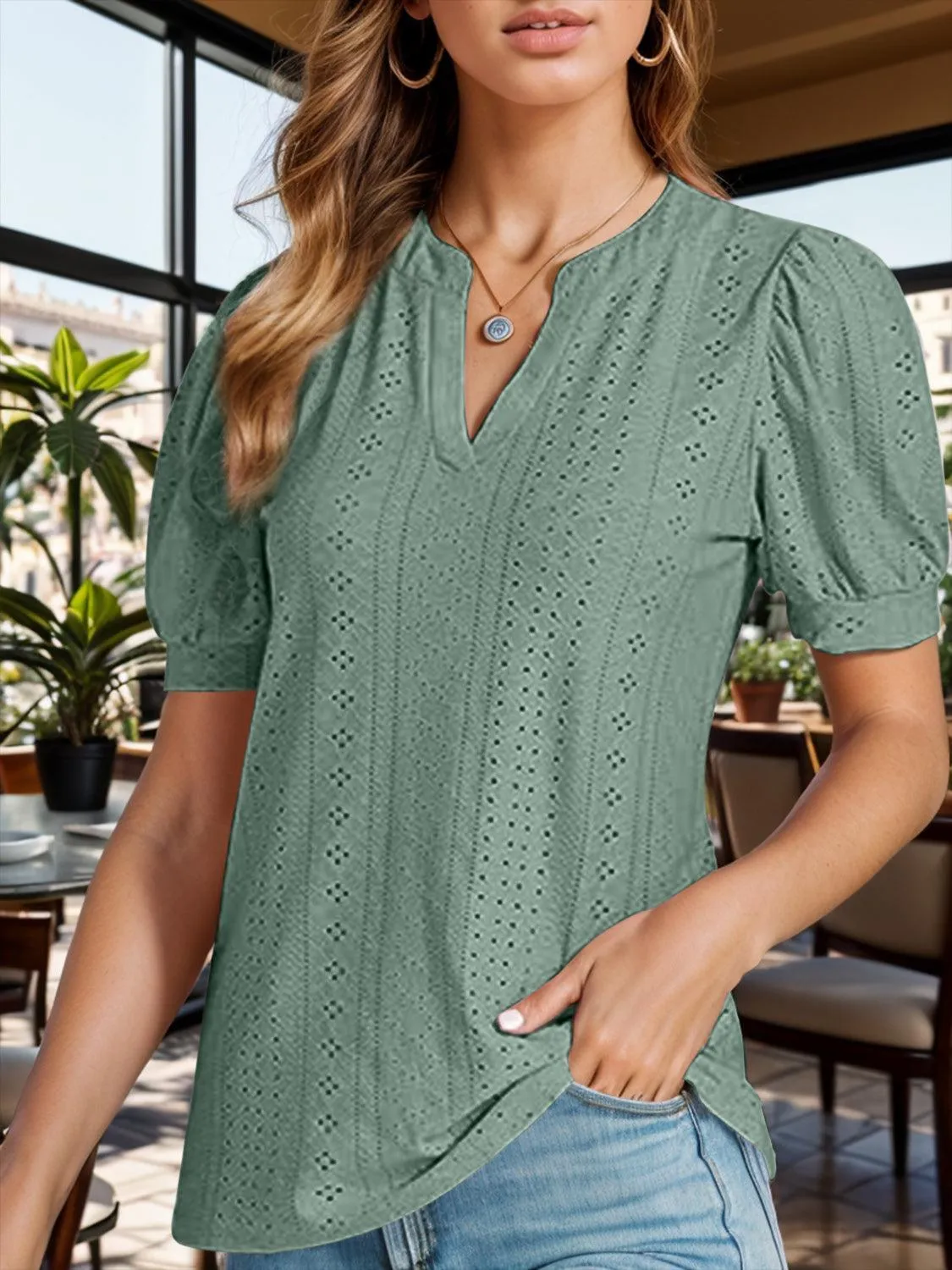 Sweet Everyday Eyelet Puff Sleeve Blouse