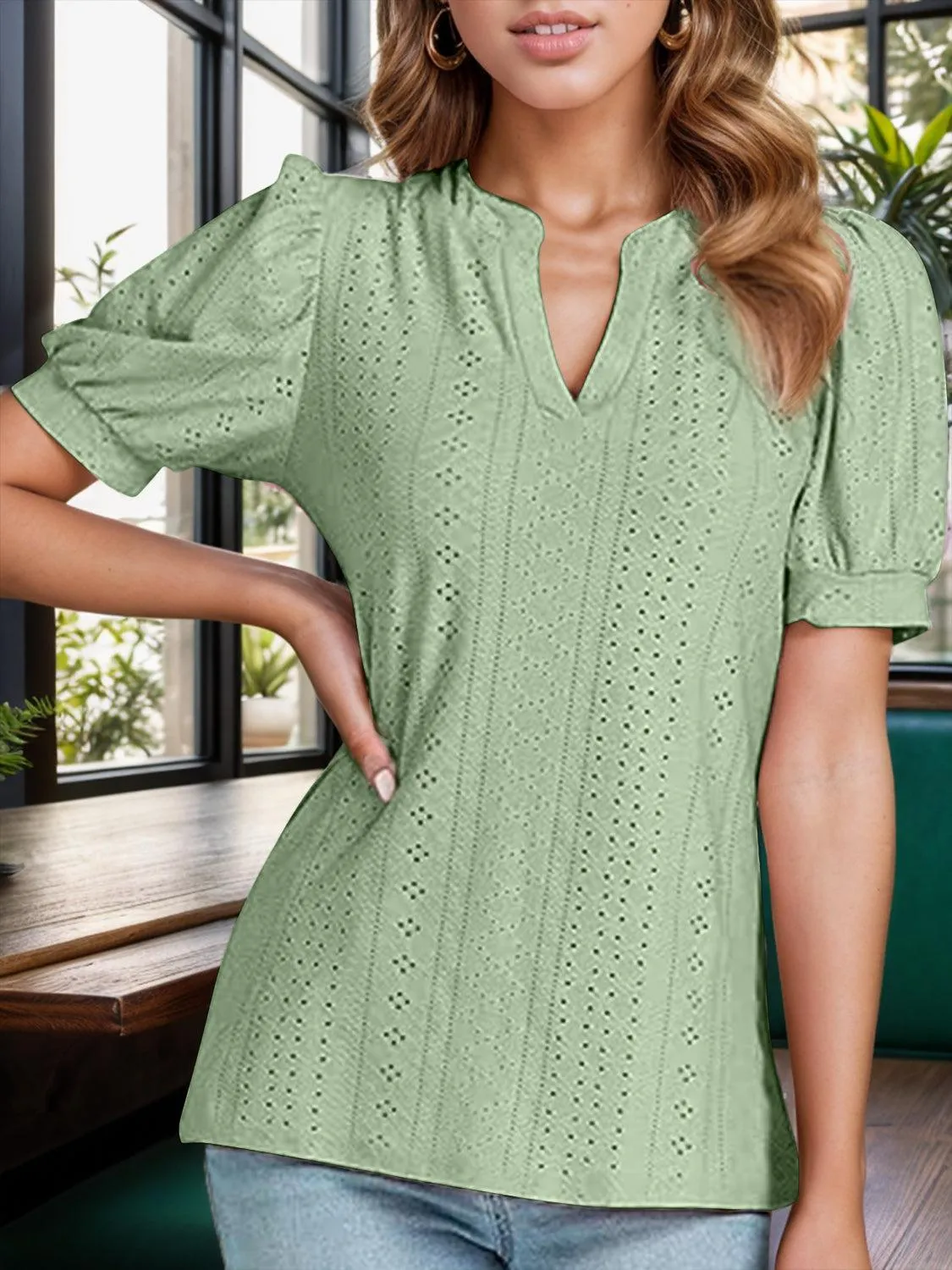 Sweet Everyday Eyelet Puff Sleeve Blouse