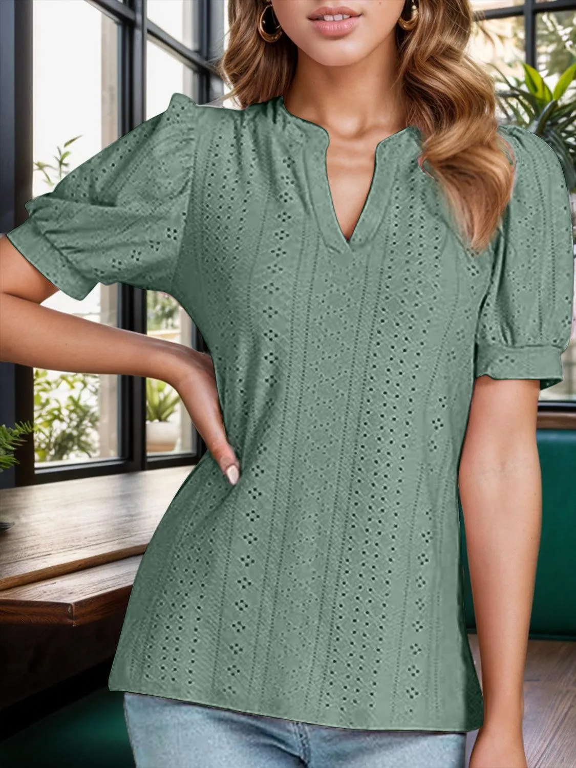 Sweet Everyday Eyelet Puff Sleeve Blouse
