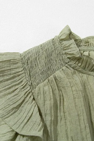 Tassel Tie Neck Ruffled Flutter Sleeve Blouse