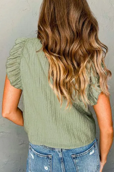 Tassel Tie Neck Ruffled Flutter Sleeve Blouse