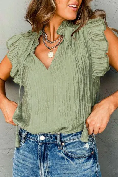 Tassel Tie Neck Ruffled Flutter Sleeve Blouse