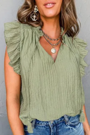 Tassel Tie Neck Ruffled Flutter Sleeve Blouse