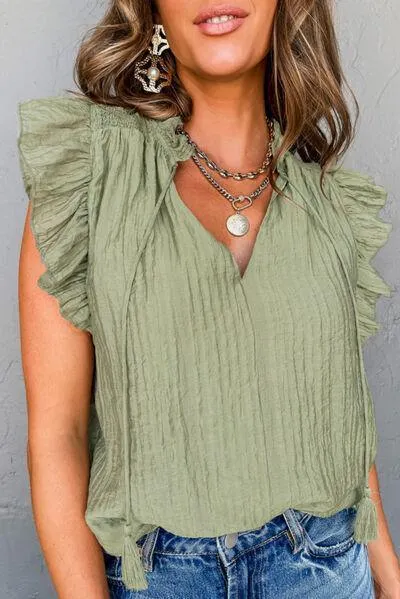 Tassel Tie Neck Ruffled Flutter Sleeve Blouse