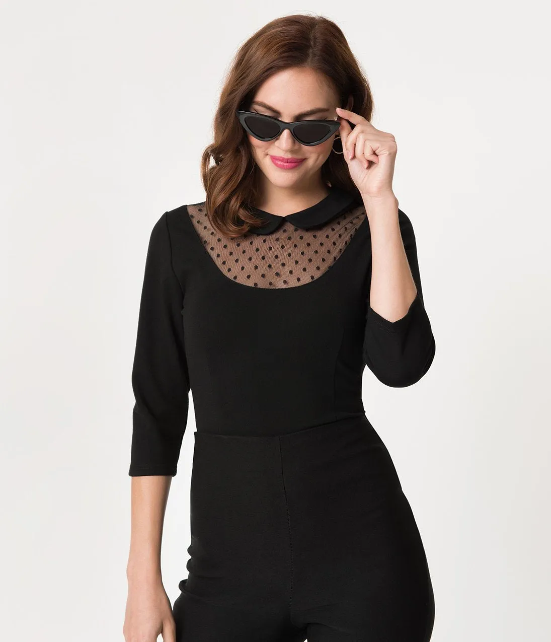 Unique Vintage Black Mesh & Swiss Dot Stretch Knit Fitz Top