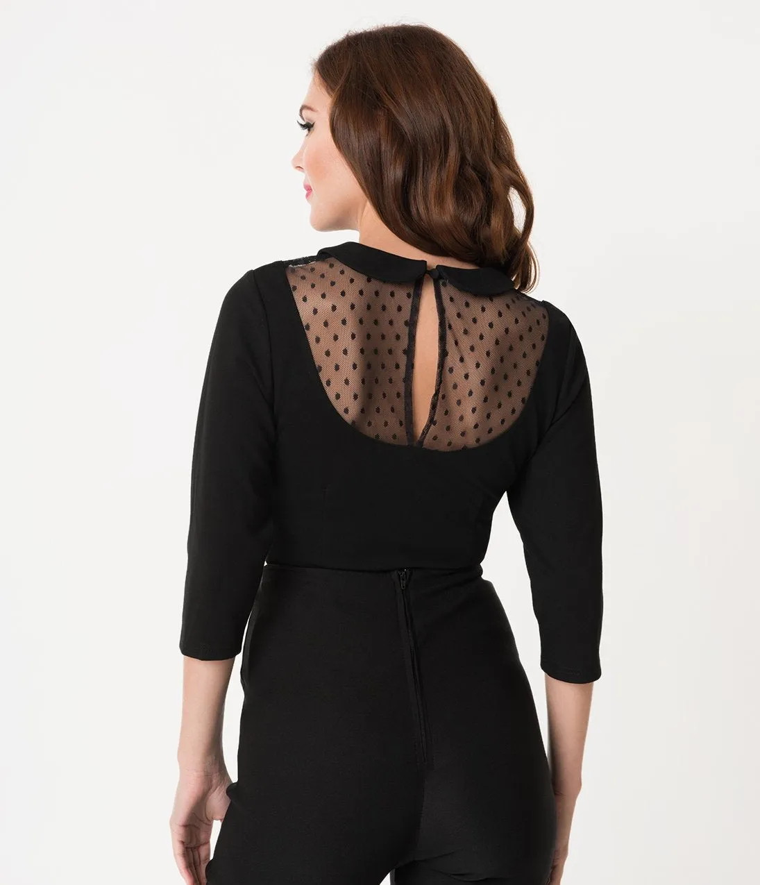 Unique Vintage Black Mesh & Swiss Dot Stretch Knit Fitz Top
