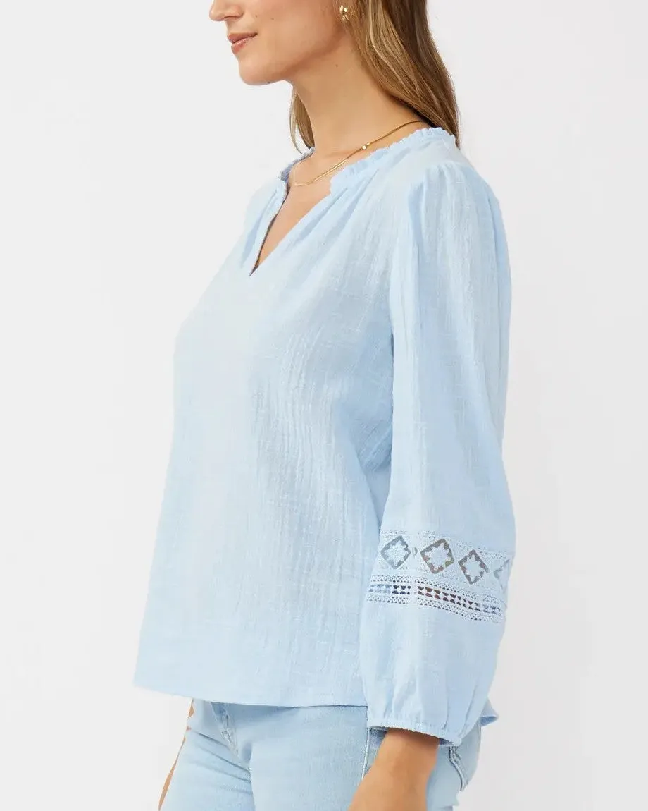 V-Neck Cotton Gauze Blouse with Lace Trim - Chambray