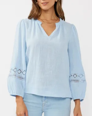 V-Neck Cotton Gauze Blouse with Lace Trim - Chambray