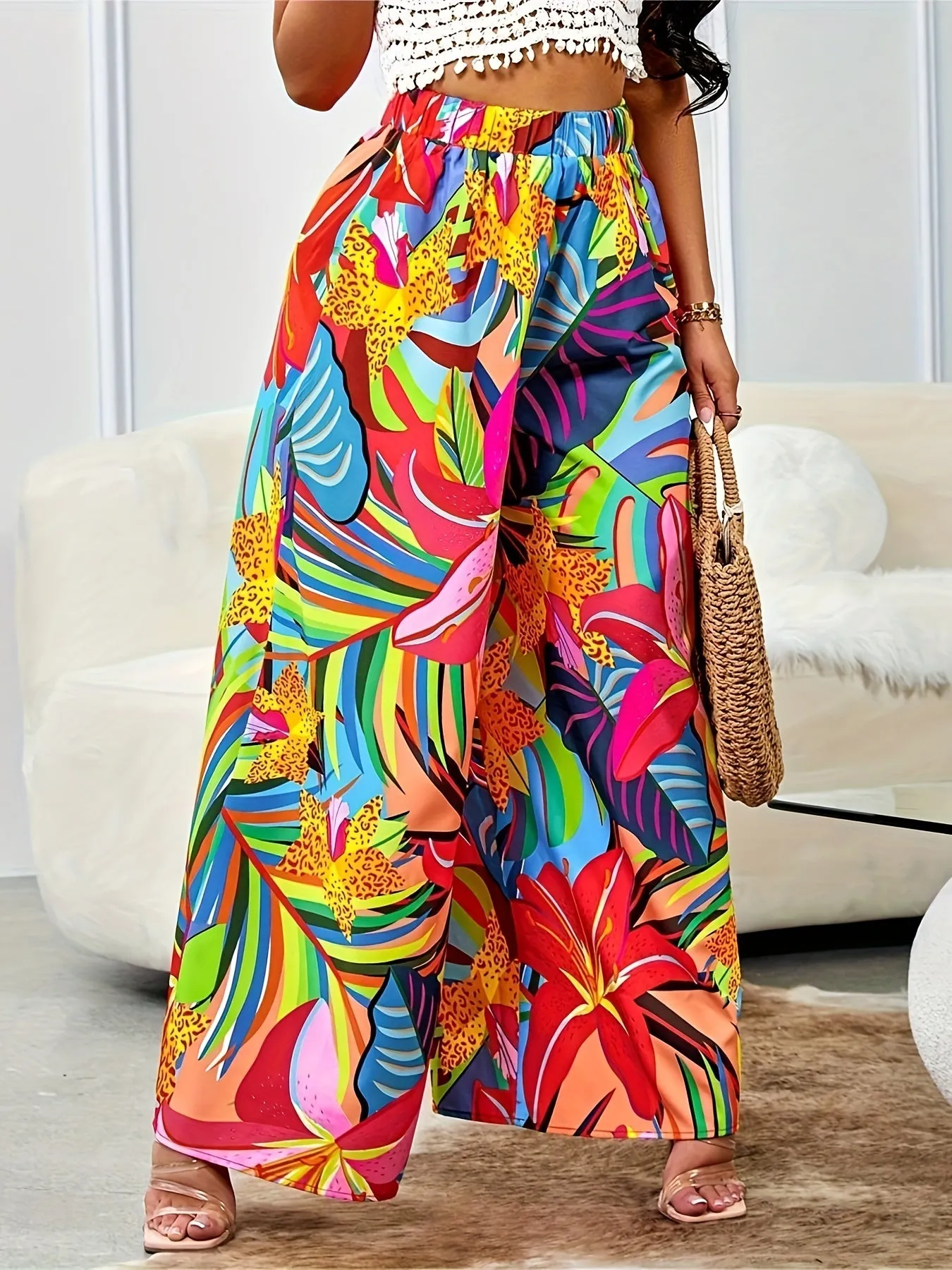 Vibrant Floral Print Wide Leg Pants - Women's Loose Fit Vacation Style Pants with Slant Pockets for Spring & Summer - Comfortable, Stylish, and Breathable Clothing for Women
