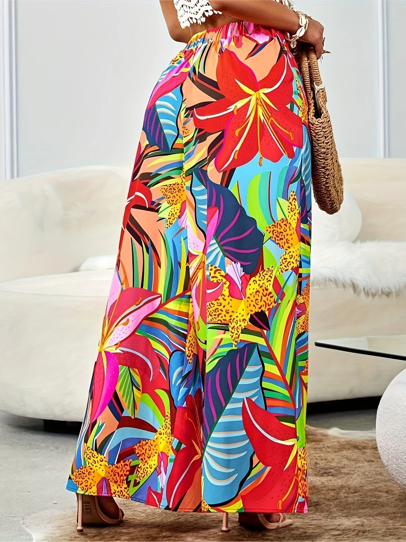 Vibrant Floral Print Wide Leg Pants - Women's Loose Fit Vacation Style Pants with Slant Pockets for Spring & Summer - Comfortable, Stylish, and Breathable Clothing for Women