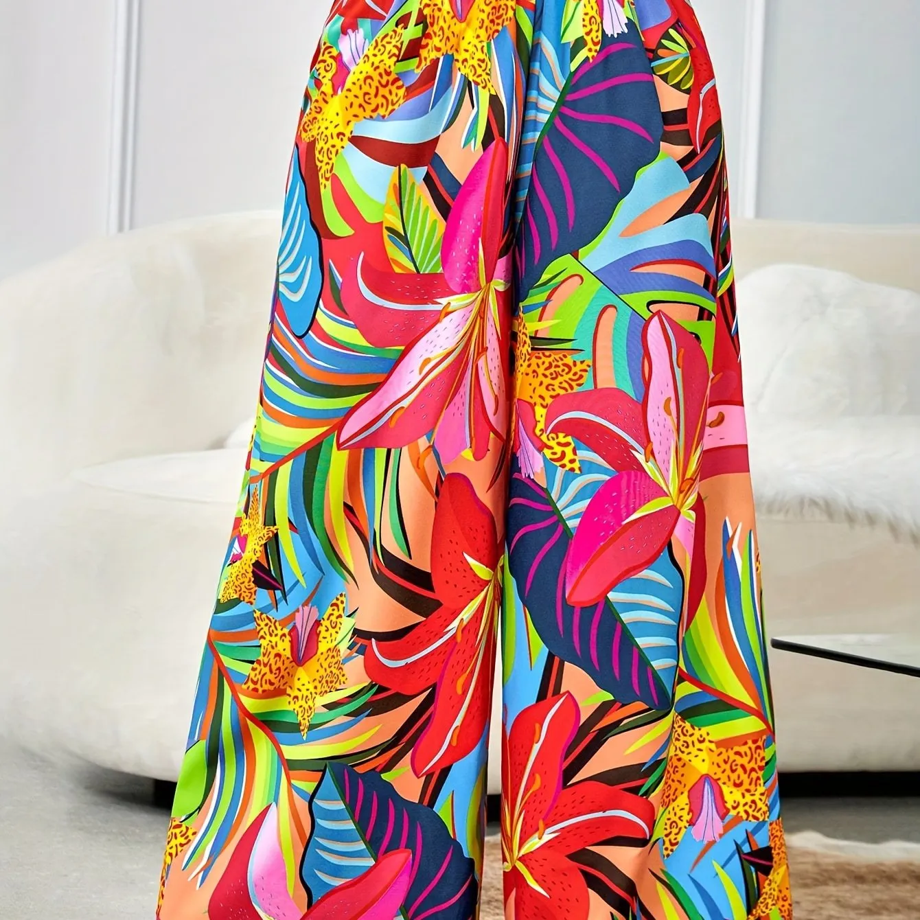 Vibrant Floral Print Wide Leg Pants - Women's Loose Fit Vacation Style Pants with Slant Pockets for Spring & Summer - Comfortable, Stylish, and Breathable Clothing for Women
