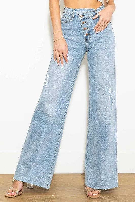 Vibrant MIU Criss Cross High Waisted Wide Leg Jeans