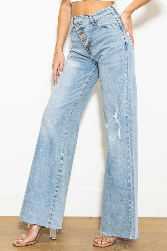 Vibrant MIU Criss Cross High Waisted Wide Leg Jeans