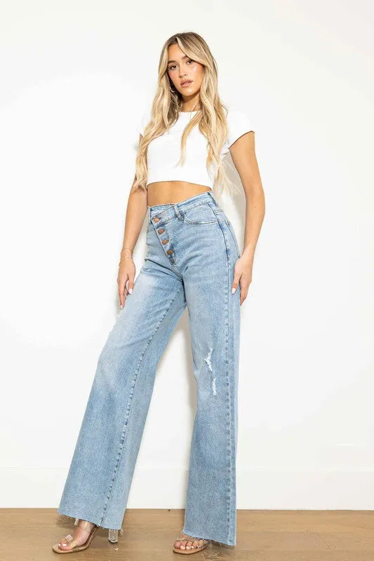 Vibrant MIU Criss Cross High Waisted Wide Leg Jeans