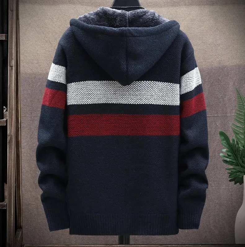 West Louis Striped Fleece Warm Zipper Hooded Jumper