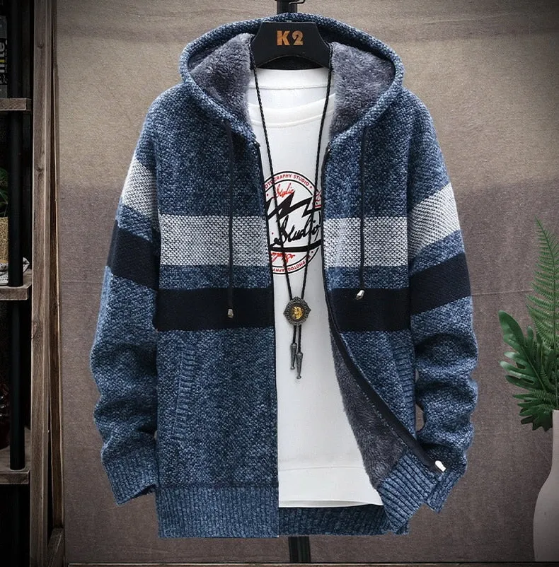 West Louis Striped Fleece Warm Zipper Hooded Jumper