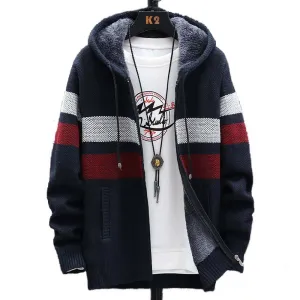West Louis Striped Fleece Warm Zipper Hooded Jumper