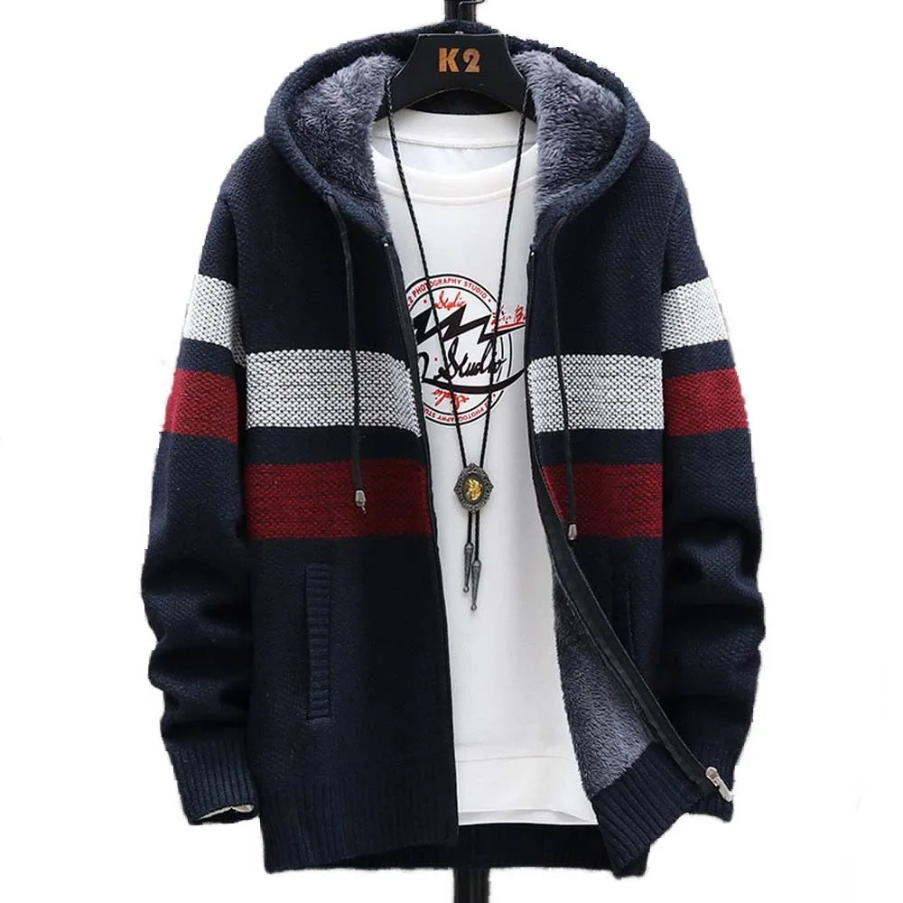 West Louis Striped Fleece Warm Zipper Hooded Jumper