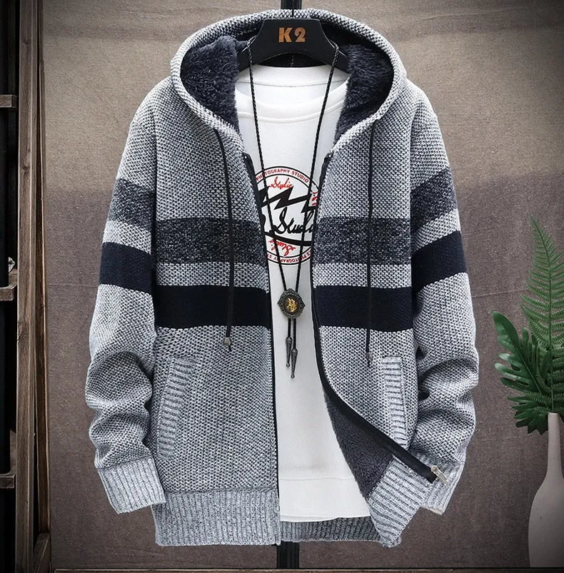 West Louis Striped Fleece Warm Zipper Hooded Jumper