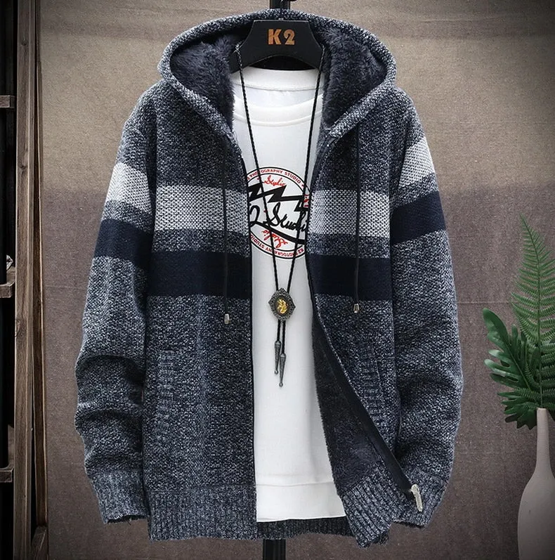 West Louis Striped Fleece Warm Zipper Hooded Jumper