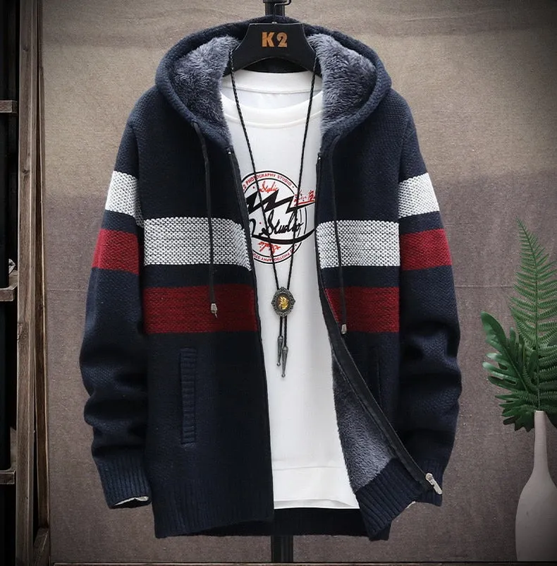 West Louis Striped Fleece Warm Zipper Hooded Jumper