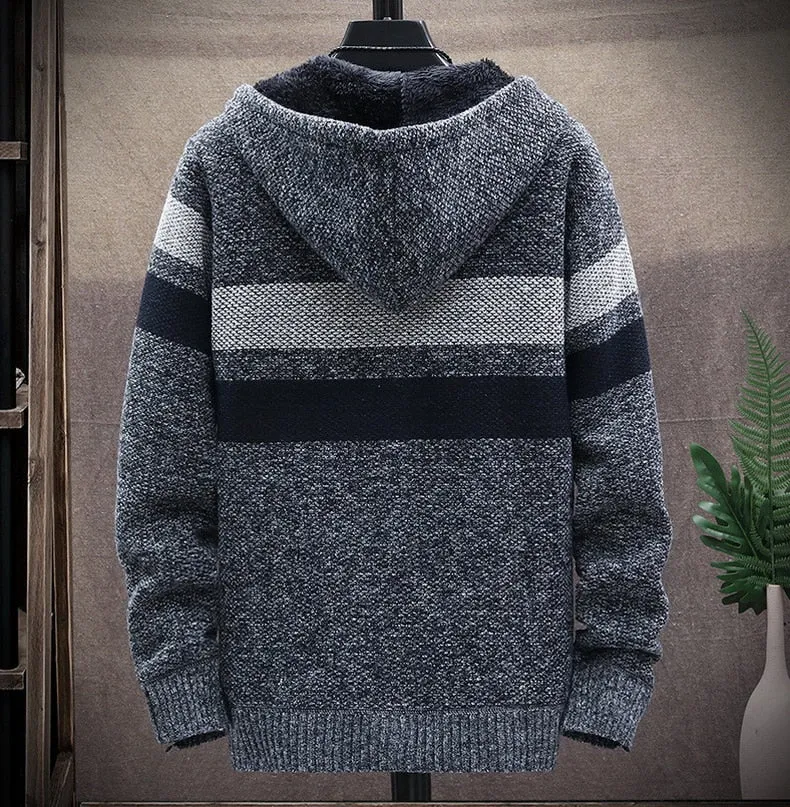 West Louis Striped Fleece Warm Zipper Hooded Jumper