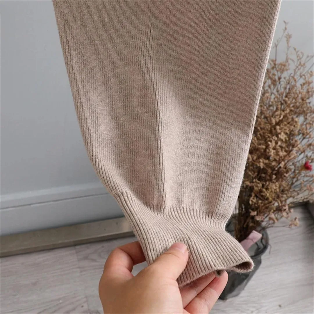 Women Cotton Knitted Trousers Thick Elastic Waist Drawstring Harem Pants Autumn Winter Sport High Waist Pant