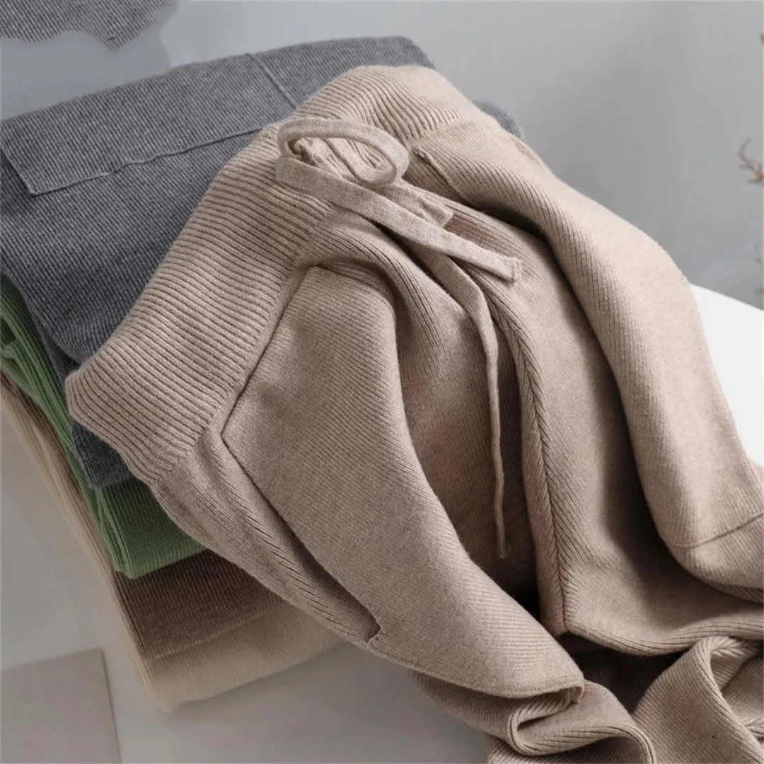 Women Cotton Knitted Trousers Thick Elastic Waist Drawstring Harem Pants Autumn Winter Sport High Waist Pant