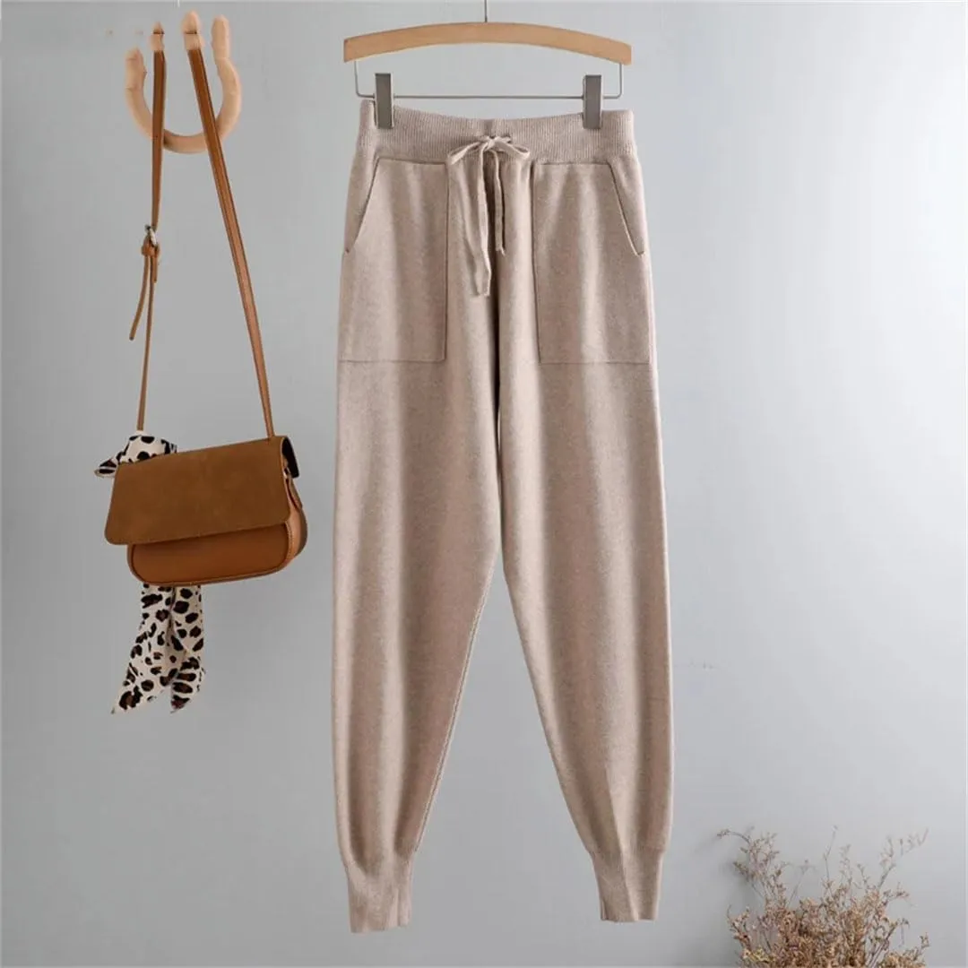 Women Cotton Knitted Trousers Thick Elastic Waist Drawstring Harem Pants Autumn Winter Sport High Waist Pant