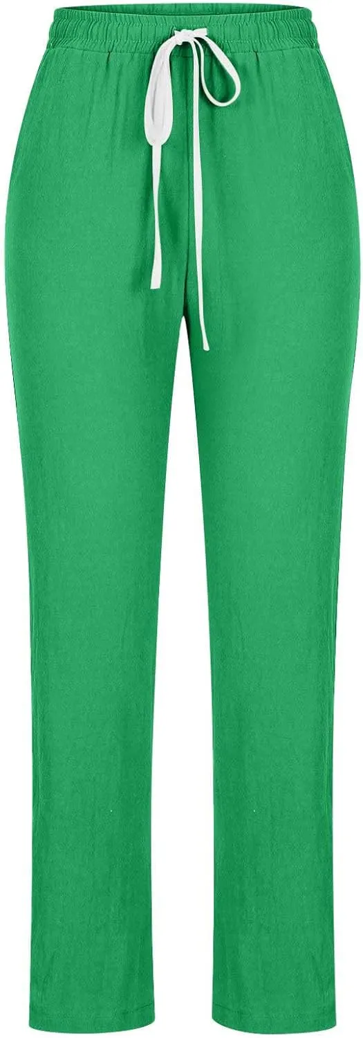 Womens Casual Cotton Linen Pants Lightweight Summer Relaxed Elastic Waist Loose Solid Drawstring Lounge Long Trousers