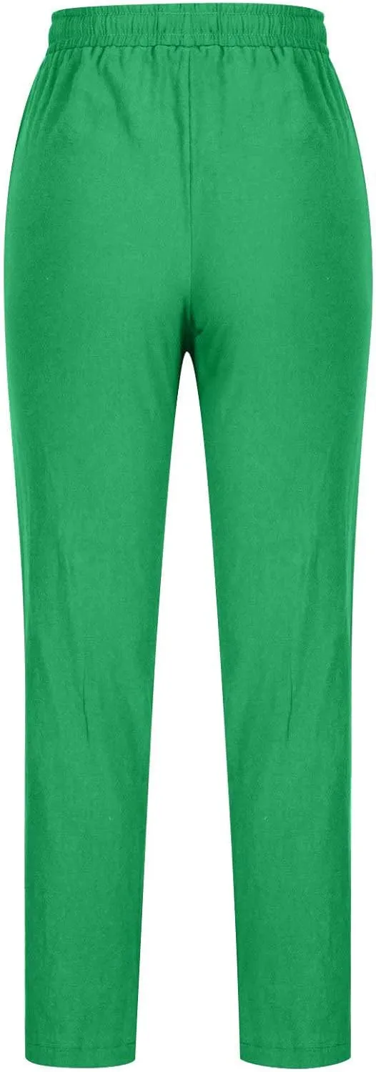 Womens Casual Cotton Linen Pants Lightweight Summer Relaxed Elastic Waist Loose Solid Drawstring Lounge Long Trousers