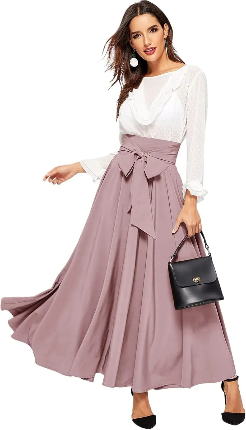 Women's Elegant High Waist Long Skirt Solid Color Lace Up Maxi Skirts Summer Casual Loose Pleated Skirt