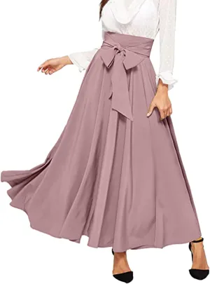 Women's Elegant High Waist Long Skirt Solid Color Lace Up Maxi Skirts Summer Casual Loose Pleated Skirt