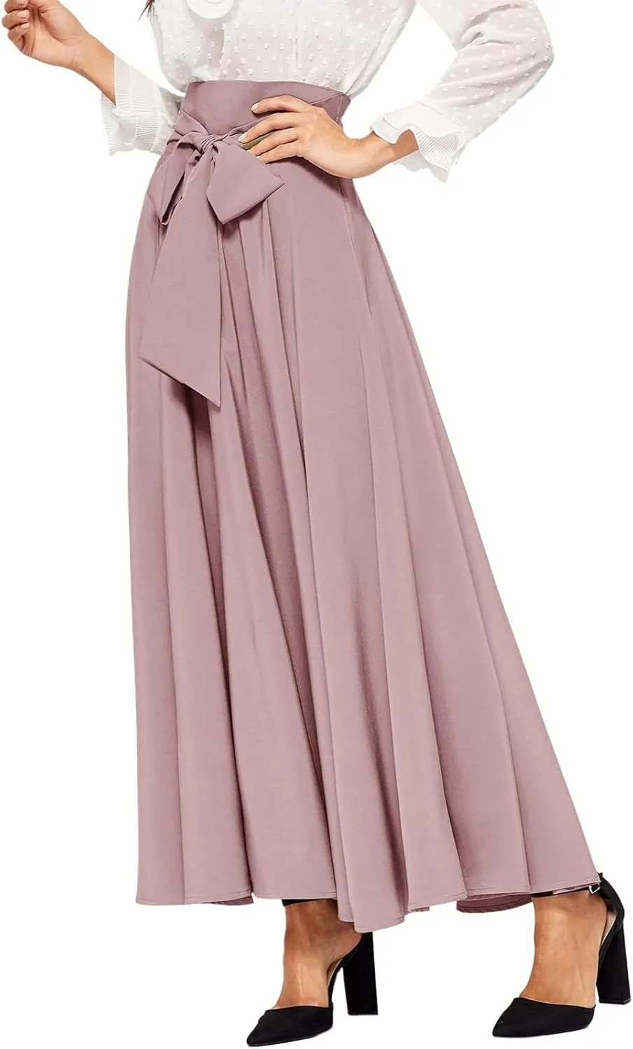 Women's Elegant High Waist Long Skirt Solid Color Lace Up Maxi Skirts Summer Casual Loose Pleated Skirt