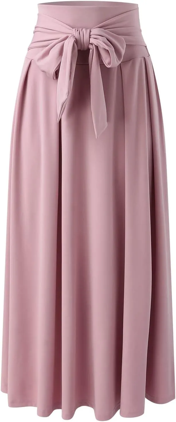 Women's Elegant High Waist Long Skirt Solid Color Lace Up Maxi Skirts Summer Casual Loose Pleated Skirt