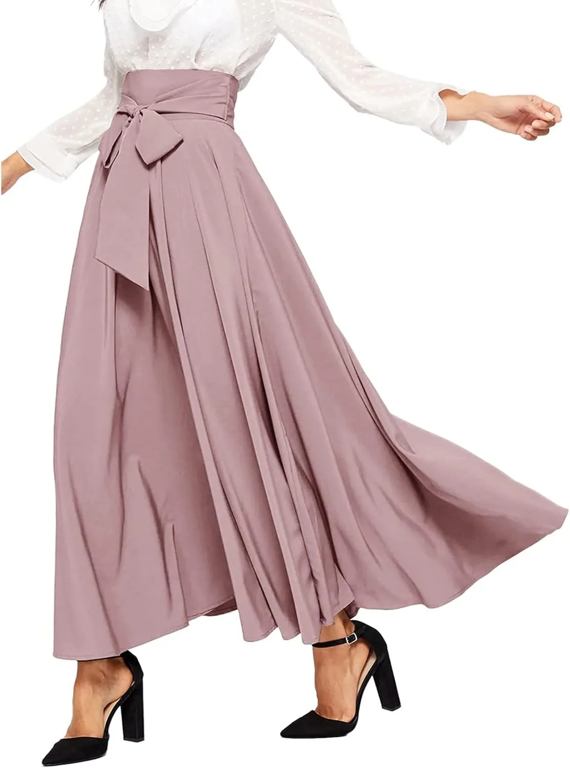 Women's Elegant High Waist Long Skirt Solid Color Lace Up Maxi Skirts Summer Casual Loose Pleated Skirt