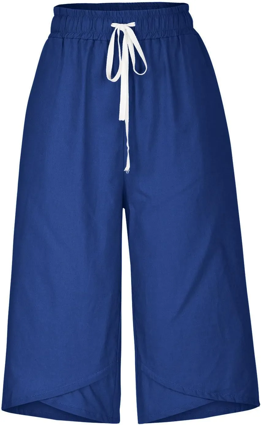 Women's Plus Size Drawstring Solid Linen Casual Relaxed Capri Pants - Loose Elastic Waist Summer Versatile Trousers